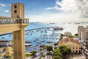 Salvador, BA, Brazil - February 17, 2016: view od the historic architecture of Salvador in Bahia, Brazil showcasing an stoniching panoramic of the Bahia de Todos os Santos bay with all of its historic and iconic places on a sunny day.